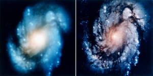 Illustration proposant une comparaison entre deux photographies prises par le télescope spatial Hubble, révélant une nette amélioration de la netteté après la maintenance de décembre 1993