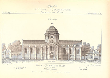 Gravure d'archive de la chapelle de l'assile d'aliénés de Bron