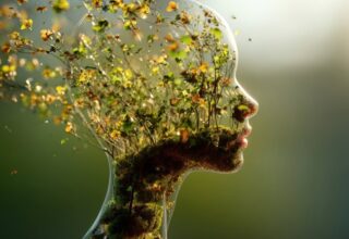 Surreal profile of a transparent human head filled with plants and flowers, symbolizing nature's interconnectedness, growth, and the beauty of the human mind, by whitestorm, AdobeStock
