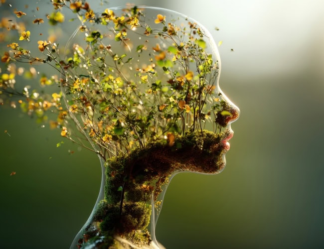 Surreal profile of a transparent human head filled with plants and flowers, symbolizing nature's interconnectedness, growth, and the beauty of the human mind, by whitestorm, AdobeStock
