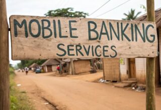 Rustic mobile banking sign in rural area, highlighting digital financial services accessibility, by Metthaisonk - AdobeStock