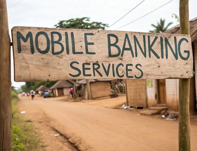 Rustic mobile banking sign in rural area, highlighting digital financial services accessibility, by Metthaisonk - AdobeStock
