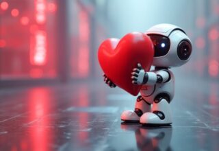A robot with a red heart in its hands, By Radorog - AdobeStock AI generated