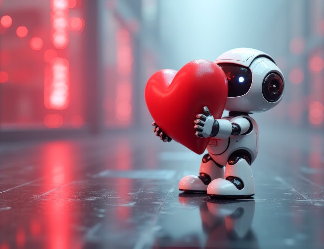 A robot with a red heart in its hands, By Radorog - AdobeStock AI generated