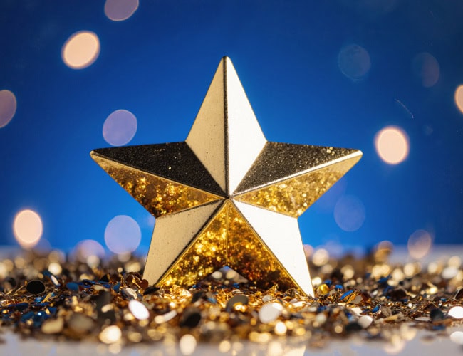A golden star resting among shiny metallic confetti, symbol of success, victory, and triumph. By Giuseppe Cammino - AdobeStock. AI-generated