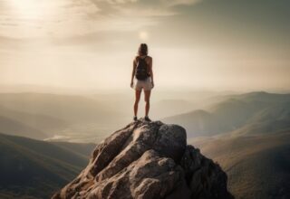 A woman standing tall and confident on top of a mountain peak. By Suplim - AdobeStock. AI-generated