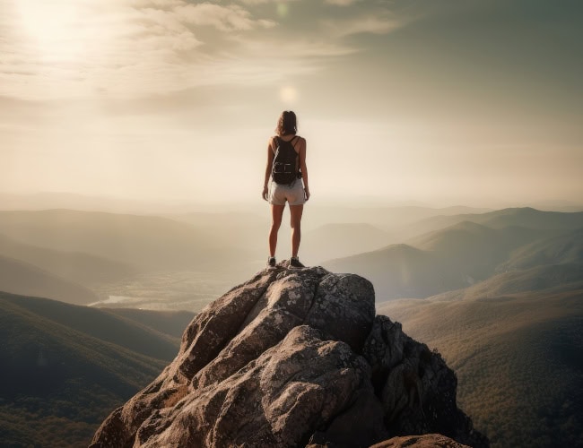 A woman standing tall and confident on top of a mountain peak. By Suplim - AdobeStock. AI-generated