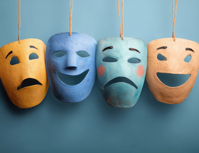 Understanding Imposter Syndrome: Exploring Masks Of Happiness And Sadness In Bipolar Disorder Within The Context Of Psychology Through The Lens Of An Illustrator. By Andrii - AdobeStock. AI-generated