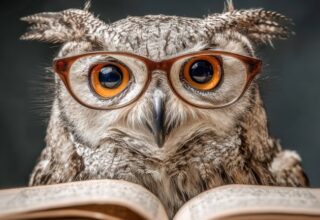 Wise owl with bright orange eyes wearing stylish glasses sitting behind an open book against a dark blurred background in a thoughtful pose. By Daria - AdobeStock. Généré à l’aide de l’IA