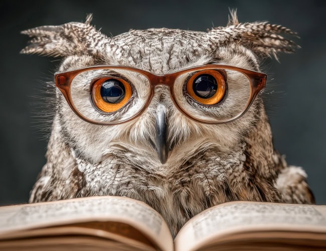 Wise owl with bright orange eyes wearing stylish glasses sitting behind an open book against a dark blurred background in a thoughtful pose. By Daria - AdobeStock. Généré à l’aide de l’IA