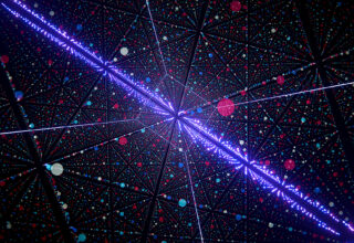 Visualisation stylisée d’une simulation atomique d'un alliage à haute entropie, c'est-à-dire composé de plusieurs éléments en proportions égales, ici du fer, du chrome, du nickel et du manganèse.