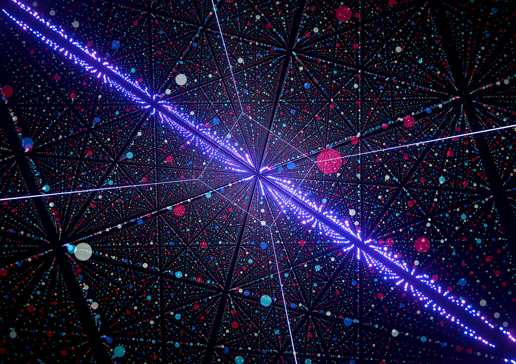 Visualisation stylisée d’une simulation atomique d'un alliage à haute entropie, c'est-à-dire composé de plusieurs éléments en proportions égales, ici du fer, du chrome, du nickel et du manganèse.