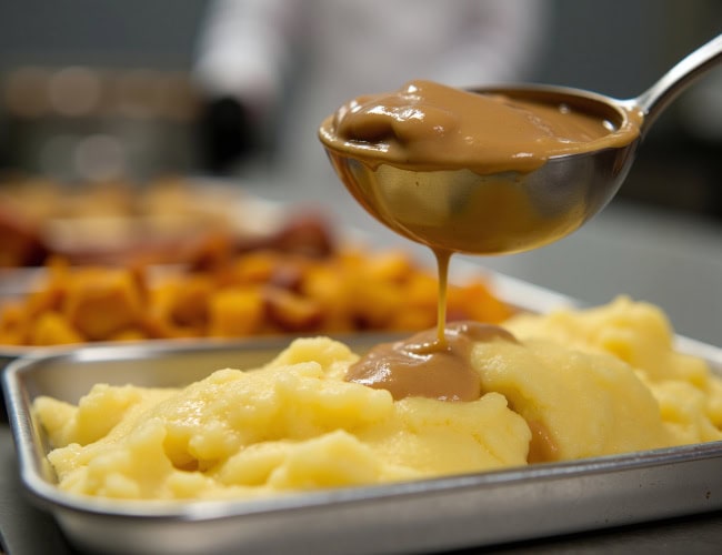 Brown potato gravy being poured onto more potatoes, mashed. Concept for bland, tasteless, unappetizing food, everyday canteen, prison food serving, soup kitchen, feeding the homeless, poor, refugees. By Sweeann - AdobeStock. Généré à l'aide de l'IA