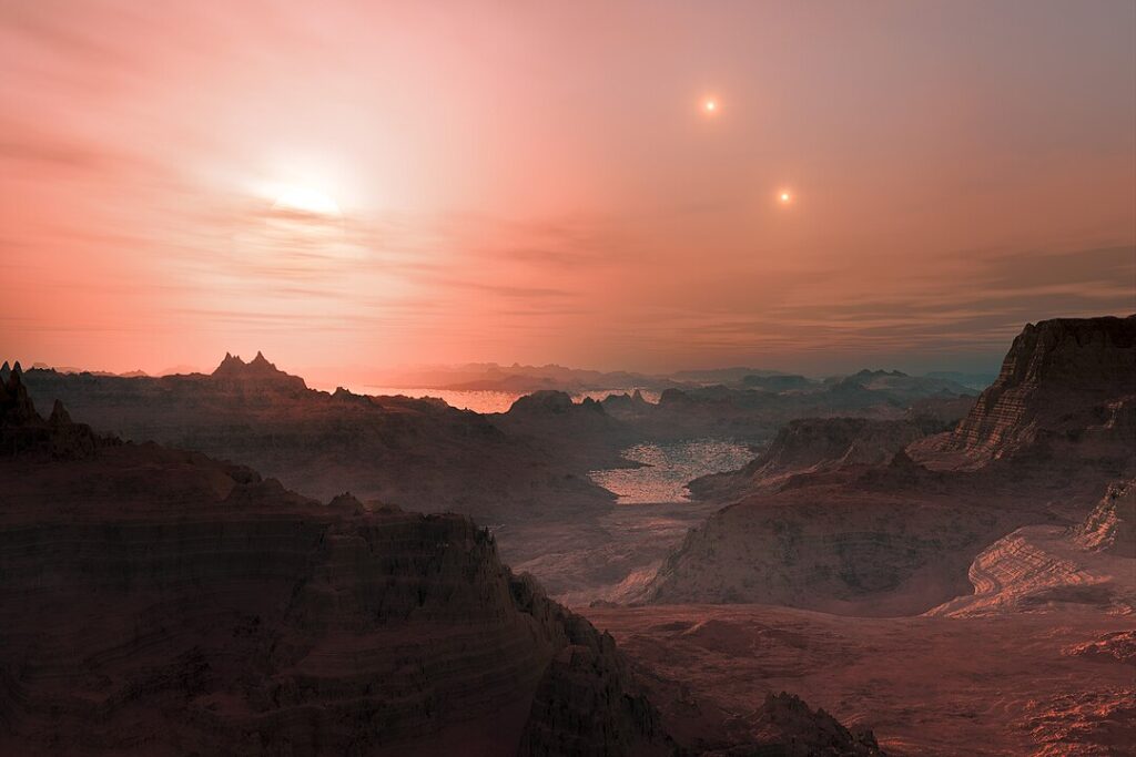 Vue d’artiste d’un paysage à la surface de Gliese 667 Cc.