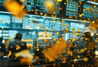 Celebratory Atmosphere in a Modern Trading Room. By buraratn - AdobeStock. AI-generated