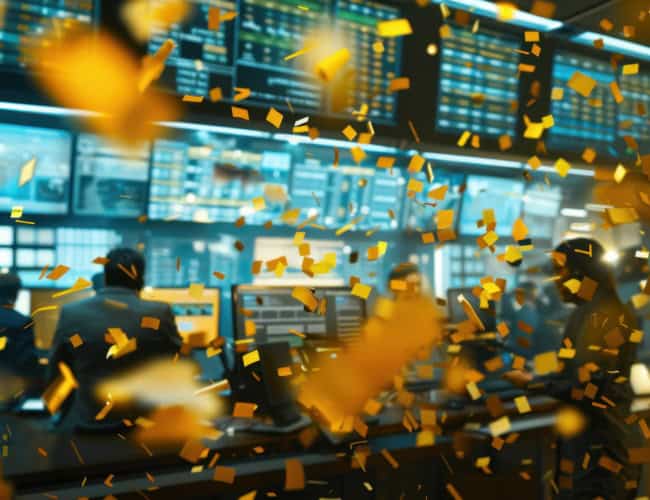 Celebratory Atmosphere in a Modern Trading Room. By buraratn - AdobeStock. AI-generated