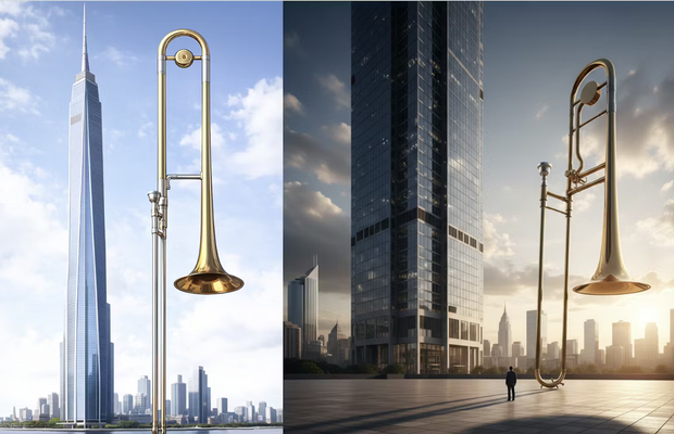Images générées par IA en réponse à la requête « Dessine-moi un gratte-ciel et un trombone à coulisse côte à côte pour qu’on puisse apprécier leur taille respective » (par ChatGPT à gauche, par Gemini à droite). CC BY