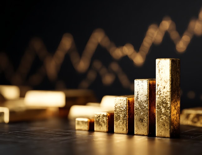 Abstract image depicting rising gold bars on a dark background, symbolizing wealth, investment growth, and financial success. By Pug - AdobeStock. AI-generated