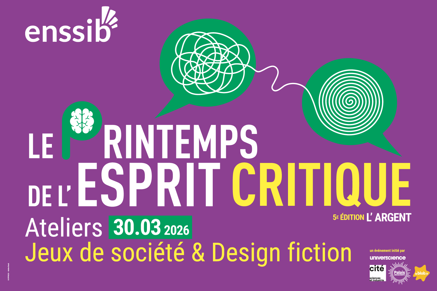 Affiche du printemps de l'esprit crique à l'Enssib, le 30 mars de 17h à 20h, jeux de société et design fiction