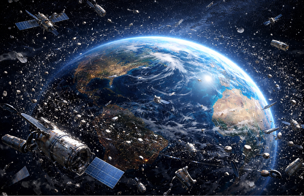 Un étudiant de l’INSA Lyon explore la pollution de la mésosphère liée aux débris spatiaux et cherche à en mesurer les impacts encore invisibles. © IA