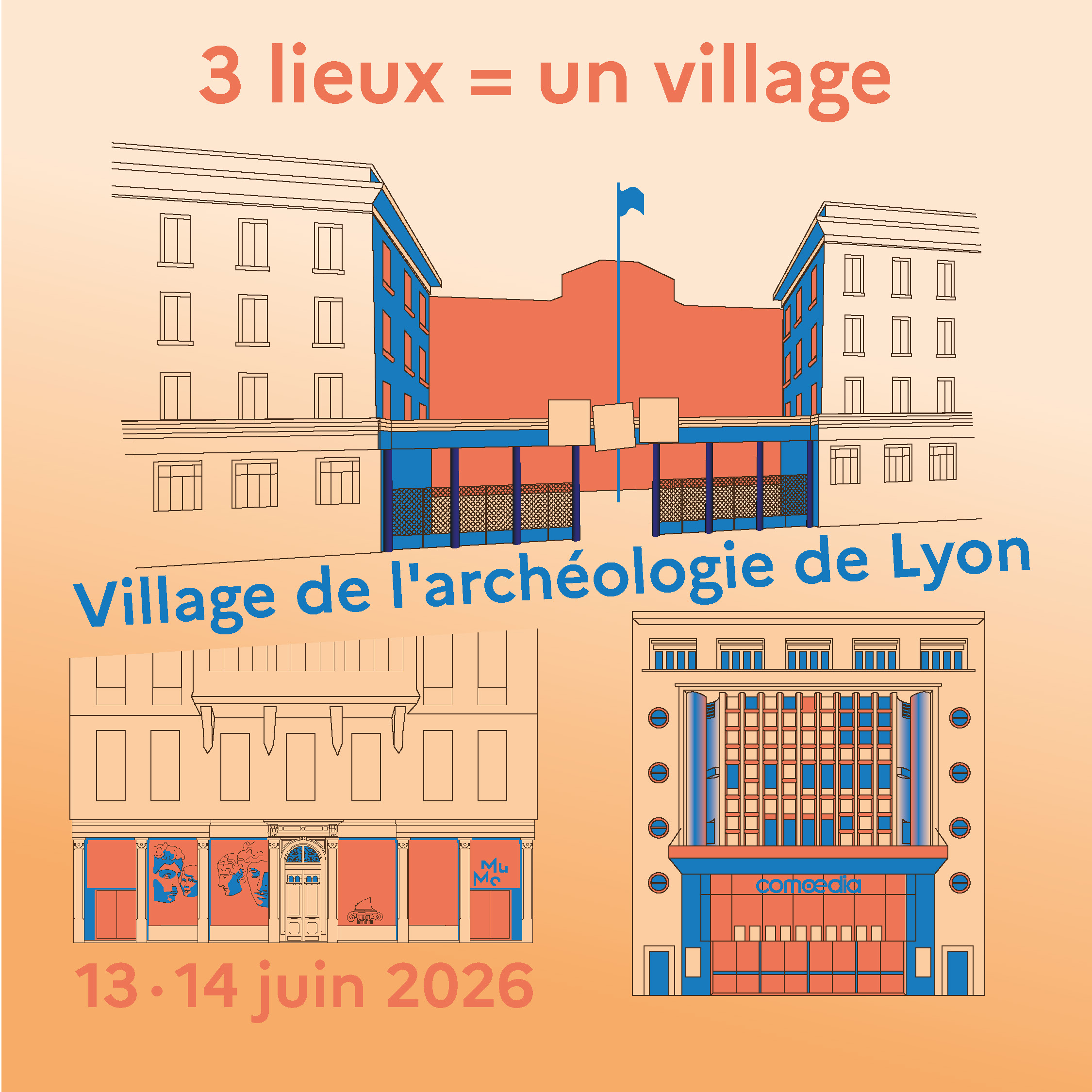 façades des 3 lieux qui accueillent le village de l'Archéologie de Lyon : le Centre Berthelot, le Musée des Moulages de Lyon et le cinéma le Comœdia