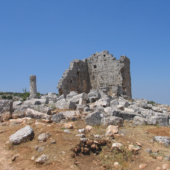 ruine d'un temple composé d'un mur droit avec deux angles éboulés, des pierres taillées pêle-mêle au sol, une colonne étêtée est dressée à gauche du mur