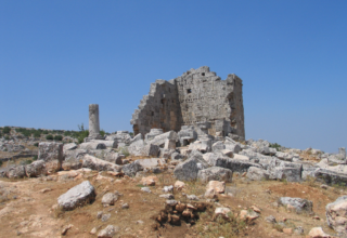 ruine d'un temple composé d'un mur droit avec deux angles éboulés, des pierres taillées pêle-mêle au sol, une colonne étêtée est dressée à gauche du mur