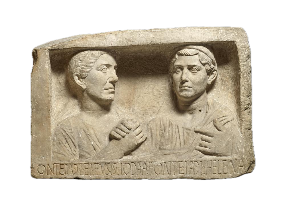 Relief funéraire creusé dans une pierre blanche (marbre) de deux personnes représentées en plan poitrine, une de profil, à gauche, et une de 3/4 face