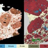 double image microscope d'un échantillon de mortier, une vue sans lumière polarisée, et une vue où les minéraux sont identifiés avec des couleurs contrastées