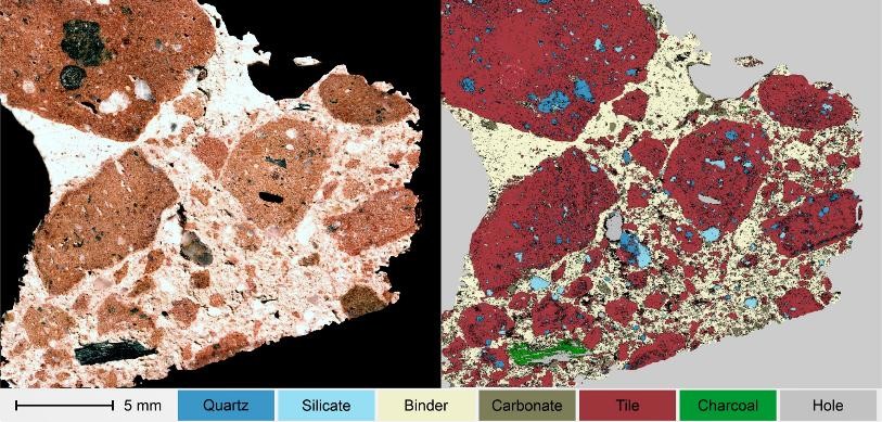 double image microscope d'un échantillon de mortier, une vue sans lumière polarisée, et une vue où les minéraux sont identifiés avec des couleurs contrastées