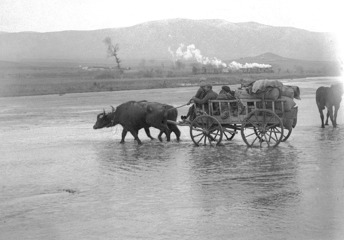 photo en noir et blanc. Un convoi de charriot lourdement chargé, tiré par un bovin, traverse un plan d'eau (de droite à gauche), tandis qu'en arrière plan un train à vapeur s'éloigne en sens opposé. à l'horizon, on distingue une chaine de montagnes.